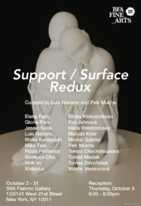 Poster advertisement for the exhibition "Support/Surface Redux". The poster shows a 3D artwork set against a black background. White text covers the image showing the exhibition title, artists, names, and gallery information