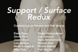 Poster advertisement for the exhibition "Support/Surface Redux". The poster shows a 3D artwork set against a black background. White text covers the image showing the exhibition title, artists, names, and gallery information