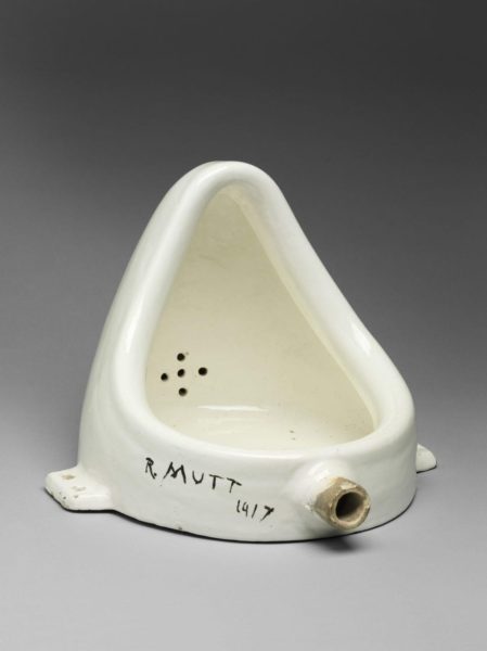 Fountain, 1917. Artwork by Marcel Duchamp showing a urinal turned on its side and signed "R. Mutt, 1917."