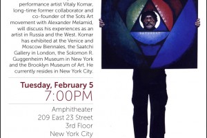 An advertisement for a lecture with Vitaly Komar. The lecture is on Tuesday, February 5, 2013 at 7pm. The lecture will be held at the SVA Amphitheater at 209 East 23 Street in New York City.