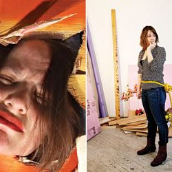 Two portraits of Kate Gilmore, the one on the left shows her head peeking through some orange/yellow cut out wood in a grimaced expression, on the right she is standing with  yellow cord tied around her waist pulling from the right side, and she is looking towards the right with her hand touching her chin, there is wood and foam boards in the background where she is standing.
