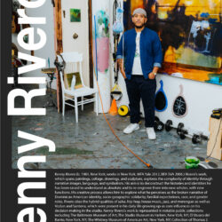 Visiting Artist Lecture with Kenny Rivero. The poster shows a photograph of Kenny in his studio standing in front of a wall with a painting in progress. There are items hung on the wall and paint splatters across the floor. Kenny is standing in the center of the photography looking at the camera. A bio of Kenny is written in white text at the bottom of the poster along with the event date and time information.