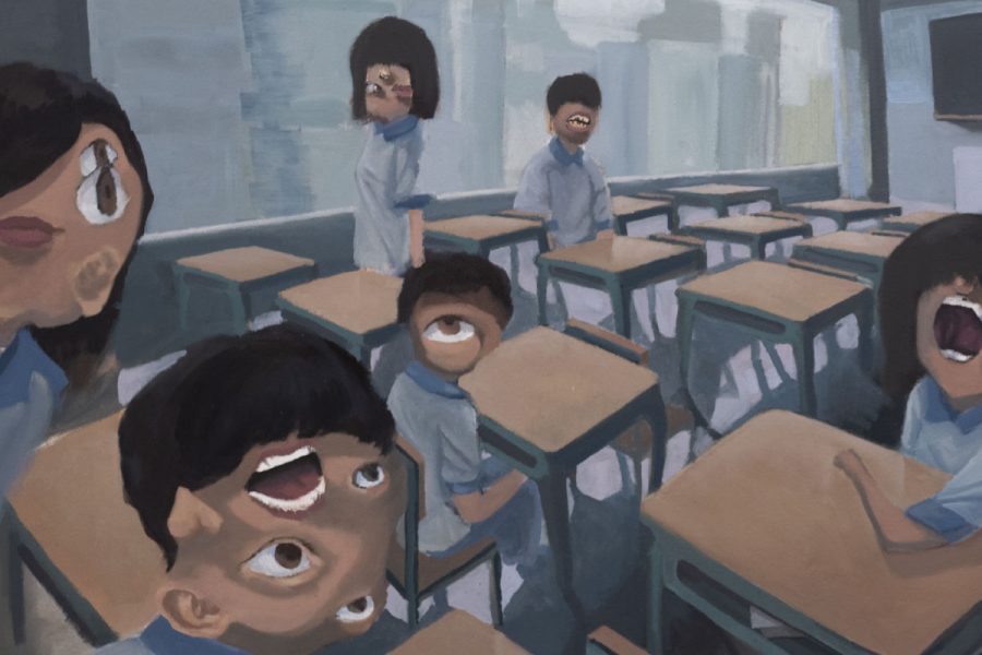 A detail of a painting by Lizhang Li. The painting shows students in a classroom with desks. The students' faces are painted with fictional distorted facial features.