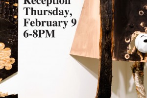 An advertisement for the exhibition titled, Material Magic, at the Visual Arts Gallery in New York City. The exhibition is on view from February 3 - 18, 2012. A reception on Thursday, February 9 from 6-8pm. The poster features an artwork by Michael Francis that is made of mixed media on wood.