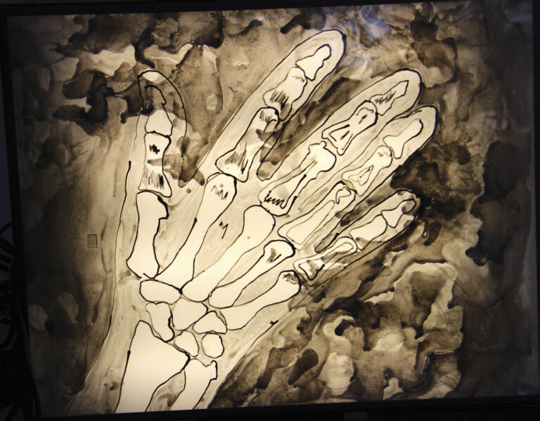 An ink drawing of a human hand depicting the outline of the hand as well as the bones of the hand.