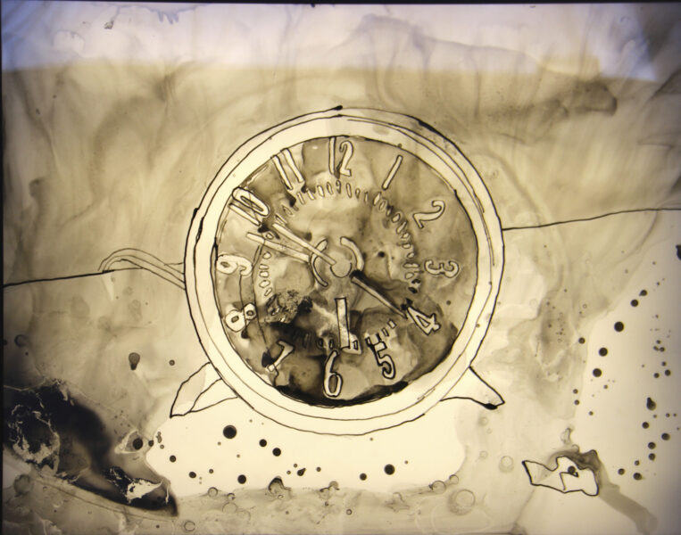 A picture of an analog clock, possibly an alarm clock, rendered in ink.