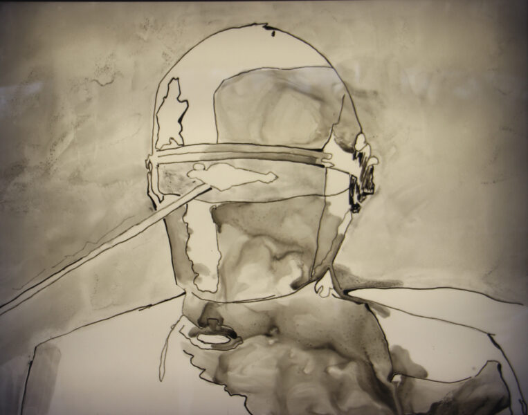 An ink drawing of a helmeted head, face fully covered by a visor.
