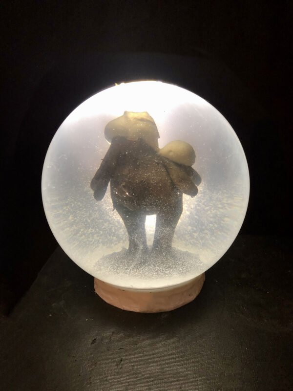 large snow globe 12” 33lbs on steel stand dramatically lit the relic 2 is a Pillsbury dough boy also with no head