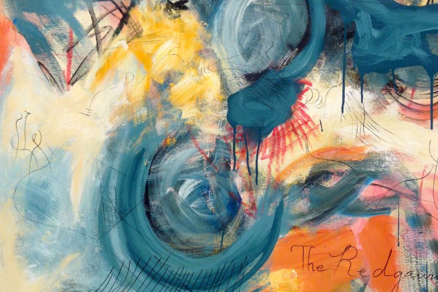 A mixed-media artwork by Li Zheng. The artwork features different abstract shapes and swirls of turquoise, orange, and yellow shades along with black lines across the surface.