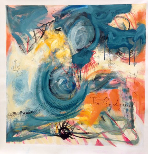 A mixed-media artwork by Li Zheng. The artwork features different abstract shapes and swirls of turquoise, orange, and yellow shades along with black lines across the surface.