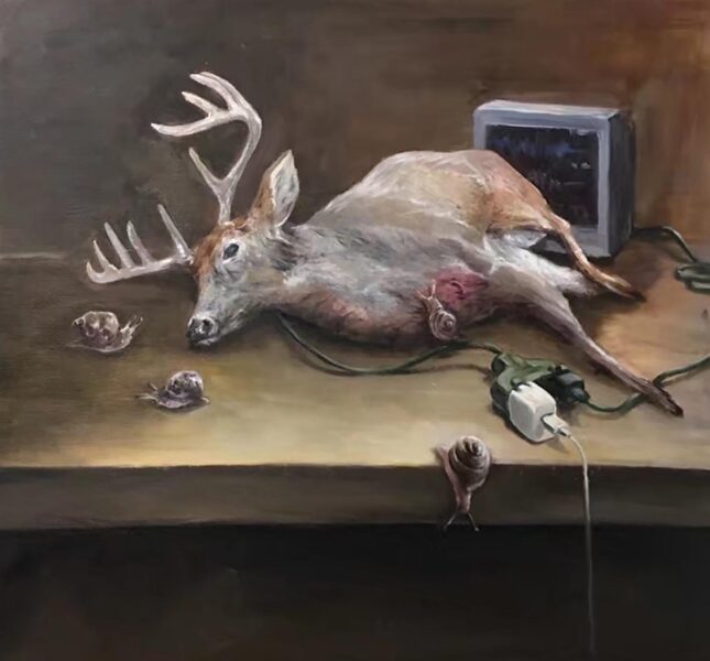 A painting of a dead male dear, its chest lightly bloodied, lying on a table with extension cords, a small CRT television, and four snails.
