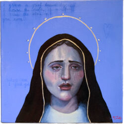 Painting of the crying Virgin Mary with a yellow halo on a blue background.