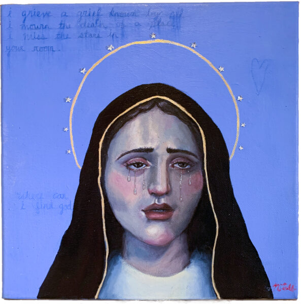 Painting of the crying Virgin Mary with a yellow halo on a blue background.