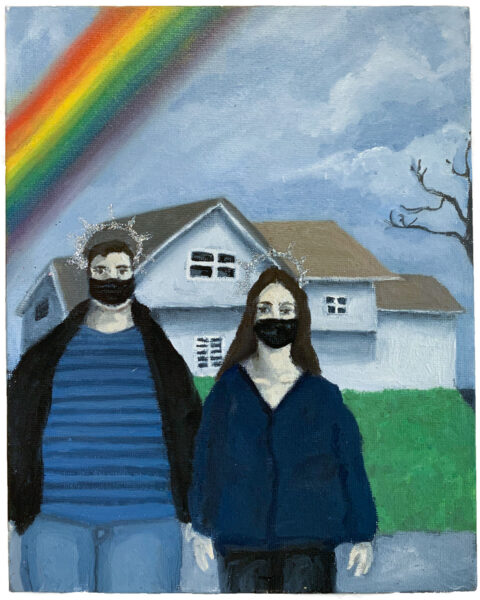 A painting referencing the classic painting American Gothic, of a woman and a man in front of a house, wearing masks, with a rainbow overhead.