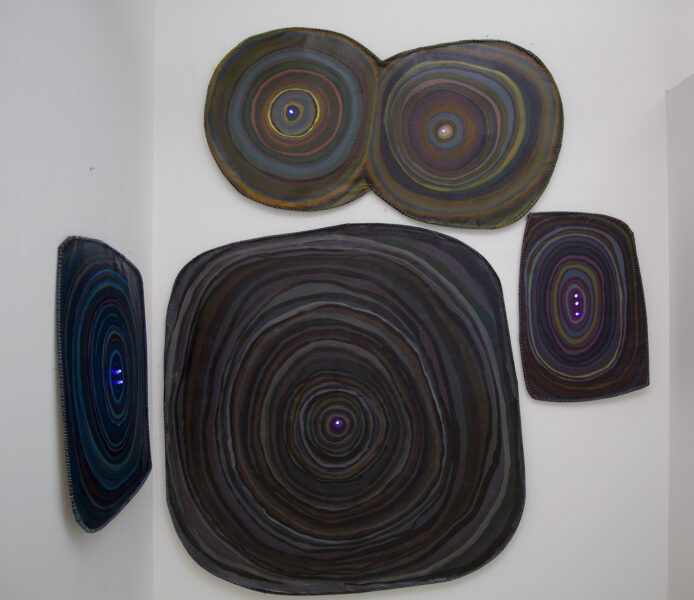 Paintings featuring irregular concentric ovals in muted shades of blue, violet, and green, with UV/Black light LEDs in the center