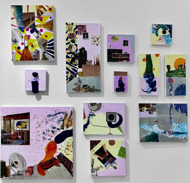 A collection of small canvases featuring geometric abstraction and photo montage over violet, yellow, and gray.