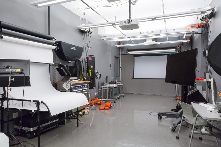 The BFA Fine Arts Photo and Video Capture Studio, showing a shooting table, light modifiers, LED Lamps, and a video monitor.