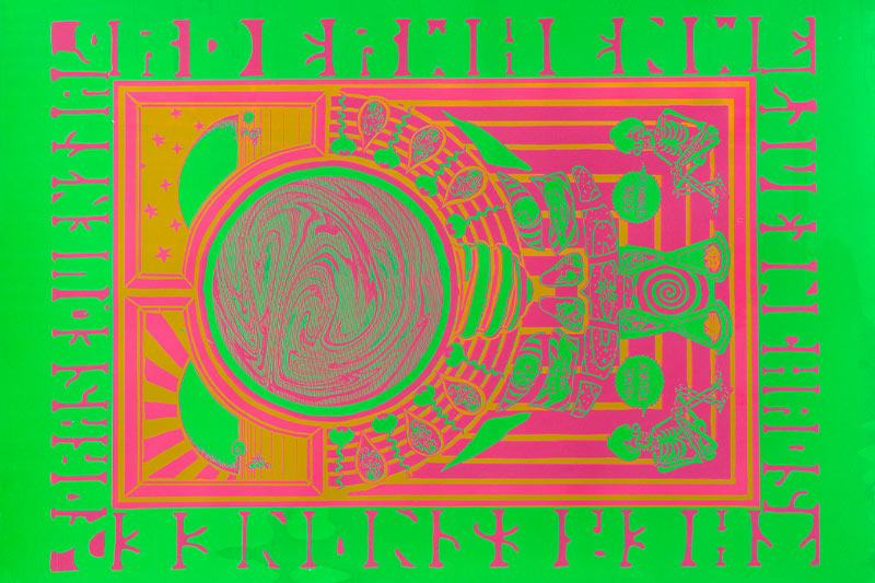 Psychedelic print illustration on a bright green background and bright pink shapes with orange accents.