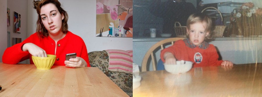 Self-portrait of a girl, on the left she's older, wearing a red shirt, sitting on a table with the phone in one hand, and the other hand is in a cereal bowl, and on the right she's a child, sitting at the table with one hand on the table and the other on in the cereal bowl.