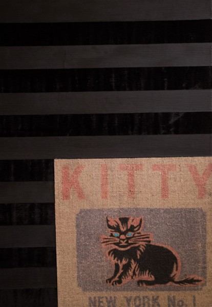 A painting representing a black cat with blue eyes on a lavender rectangular background with rounded corners, above the cat, is written KITTY with pink, and under the cat is written New York No.1. The part with the cat is on a beige background in the lower right corner. The rest of the painting is with horizontal black and grey lines