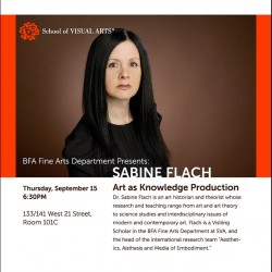 An advertisement for a lecture with Sabine Flach at the School of Visual Arts. Thursday, September 15, 2012 at 6:30pm. The post shows a photograph of Sabine Flach against a sold brown background.