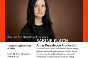 An advertisement for a lecture with Sabine Flach at the School of Visual Arts. Thursday, September 15, 2012 at 6:30pm. The post shows a photograph of Sabine Flach against a sold brown background.