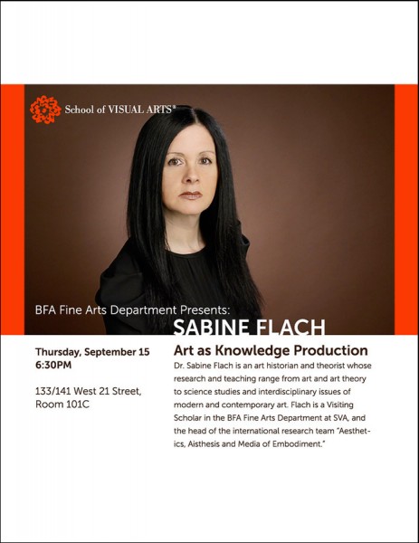 An advertisement for a lecture with Sabine Flach at the School of Visual Arts. Thursday, September 15, 2012 at 6:30pm. The post shows a photograph of Sabine Flach against a sold brown background.