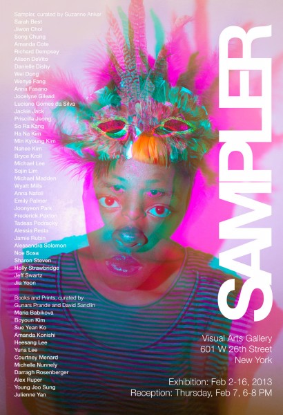 An advertisement for the exhibition titled, Sampler, at the Visual Arts Gallery. The exhibition is on view from February 2 - 16, 2013. A reception will be held on Thursday, February 7, from 6-8pm.