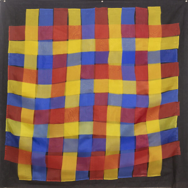 A grid made of woven strips of yellow, red, and blue silk on black muslin.