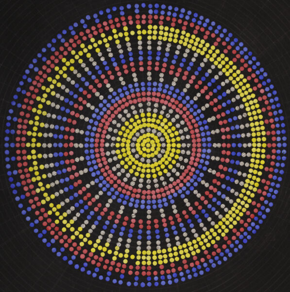 Pins with colorful heads (yellow, blue, red, and gray) arranged in a radial pattern on a black canvas.
