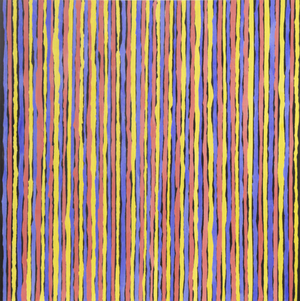 A collage of vertical stripes of rice paper in blue, red, yellow, and black on muslin.