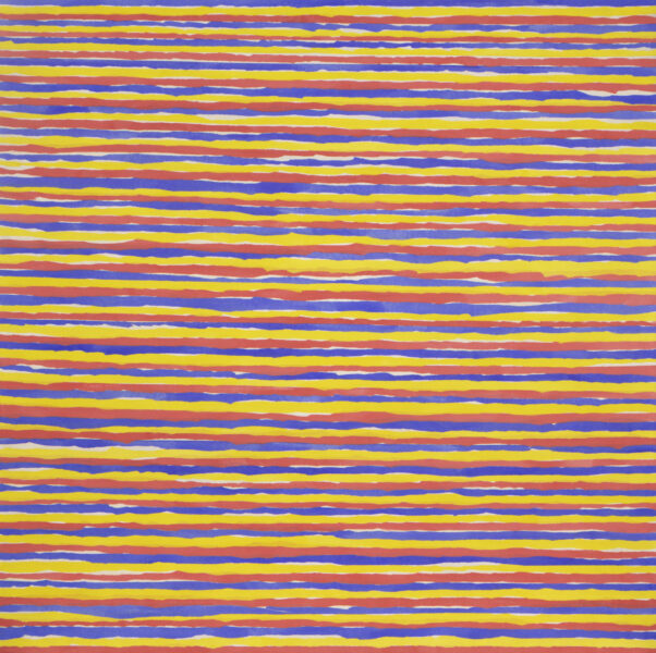Horizontal strips of red, yellow, and blue rice paper on light-colored muslin.