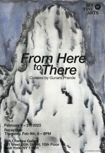 A poster advertisement for the exhibition "From Here to There" at the SVA Chelsea Gallery. The poster shows the exhibition title and reception information in black text. In the background is a detail of a print by Christopher Lochmann. The print has a large white patch in the center with black outlines and black markings across the surface. Along the top is a faded blue color.