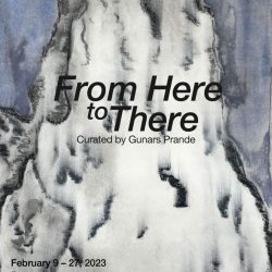 A poster advertisement for the exhibition "From Here to There" at the SVA Chelsea Gallery. The poster shows the exhibition title and reception information in black text. In the background is a detail of a print by Christopher Lochmann. The print has a large white patch in the center with black outlines and black markings across the surface. Along the top is a faded blue color.