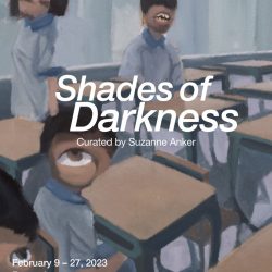 A poster advertisement for the exhibition, "Shades of Darkness" at the SVA Chelsea Gallery. The poster shows the exhibition title and reception information in white text. In the background is a detail shot of a painting by Lizhang Li. The painting shows students in a classroom with desks. The students' faces are painted with fictional distorted facial features.