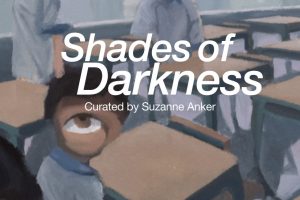 A poster advertisement for the exhibition, "Shades of Darkness" at the SVA Chelsea Gallery. The poster shows the exhibition title and reception information in white text. In the background is a detail shot of a painting by Lizhang Li. The painting shows students in a classroom with desks. The students' faces are painted with fictional distorted facial features.