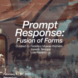 A poster advertisement for the exhibition, "Prompt Response: Fusion of Forms" at the SVA Chelsea Gallery. The poster shows the title and reception information in white text. In the background is a detail shot of an artwork by Yunge Wen. The work is a digital image that has a painterly effect. There is a house in brown and maroon colors. In front is a blurred patch of green that references an open yard and trees.