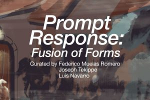 A poster advertisement for the exhibition, "Prompt Response: Fusion of Forms" at the SVA Chelsea Gallery. The poster shows the title and reception information in white text. In the background is a detail shot of an artwork by Yunge Wen. The work is a digital image that has a painterly effect. There is a house in brown and maroon colors. In front is a blurred patch of green that references an open yard and trees.