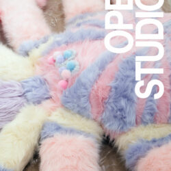 Open Studios, BFA Fine Arts, artwork shown by Leyi Liang. The poster shows a sculpture laying on the floor that is composed of purple, pink, and creme shades of fur that have formed a spider-like piece. The event text information is displayed across the poster in white text.