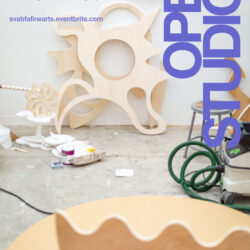 A poster for the spring 2022 Open Studios event at the SVA BFA Fine Arts building in Chelsea, Manhattan. The poster shows a studio shot of Miley Huang's studio. There are wooden sculptures against the wall and on the floor.