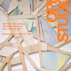 A poster advertisement for the Spring Open Studios at the School of Visual Arts. The poster shows an artwork by Yali Reichman. The artwork is a sculptural piece that is made out of different sizes and shapes of cut wood that are placed next to each other. The event text information is printed over the photo in a bright orange color.