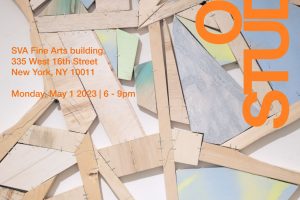 A poster advertisement for the Spring Open Studios at the School of Visual Arts. The poster shows an artwork by Yali Reichman. The artwork is a sculptural piece that is made out of different sizes and shapes of cut wood that are placed next to each other. The event text information is printed over the photo in a bright orange color.