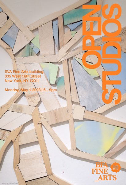 A poster advertisement for the Spring Open Studios at the School of Visual Arts. The poster shows an artwork by Yali Reichman. The artwork is a sculptural piece that is made out of different sizes and shapes of cut wood that are placed next to each other. The event text information is printed over the photo in a bright orange color.