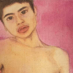 Painting by Stanley Chen. The painting depicts a self portrait of the artist. The figure is asian, male, with short hair. The figure is only dressed in white underwear and is looking directly at the viewer. The background is a fuchsia color.