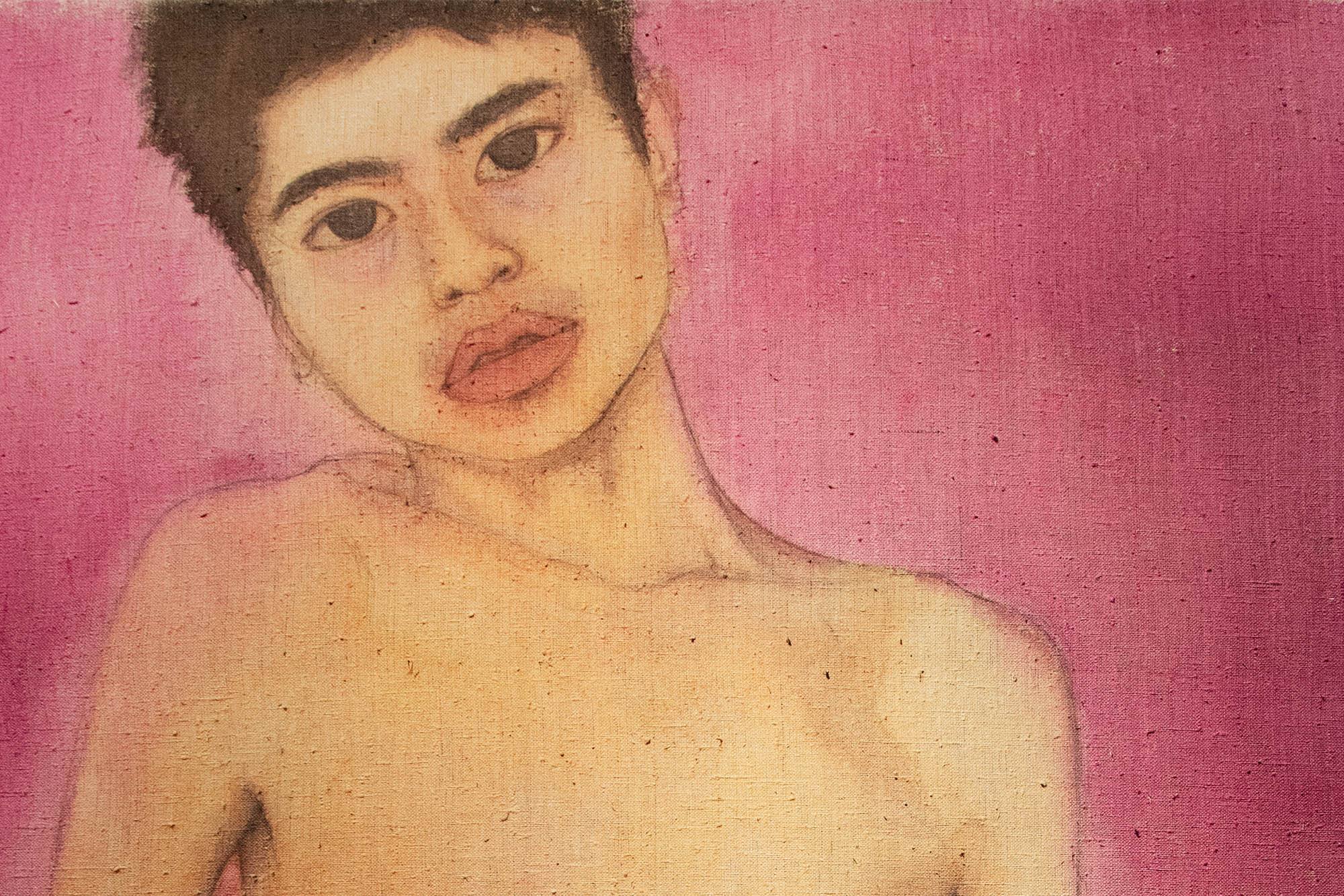 Painting by Stanley Chen. The painting depicts a self portrait of the artist. The figure is asian, male, with short hair. The figure is only dressed in white underwear and is looking directly at the viewer. The background is a fuchsia color.