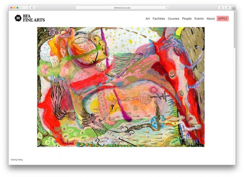 Screenshot of the SVA BFA Fine Arts website depicting a colorful abstract painting that has lots of red, pink, greens, blue, white, and various lines and shapes