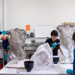 Three students working on mold making of human busts in the plaster workshop.