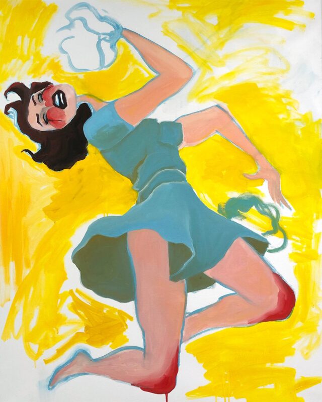 A colorful brunette jumping woman with bleeding knees  wearing a blue dress over a yellow background.