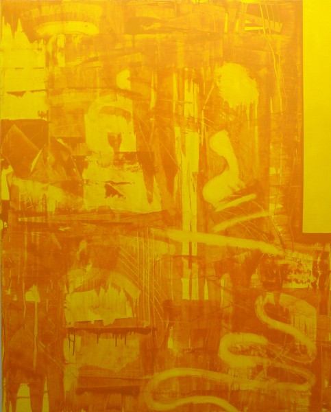 A yellow painting with rounded organic lines and straight lines