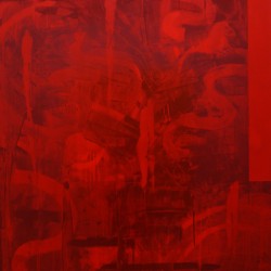A red painting with rounded organic lines and straight lines